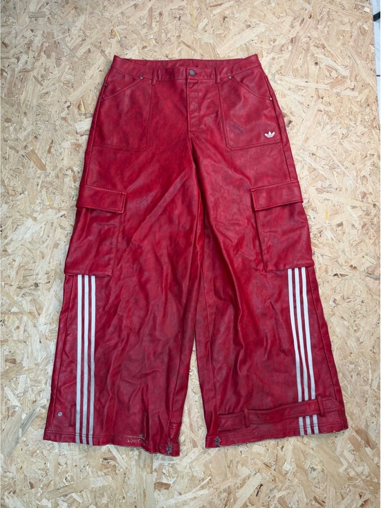 adidas Other - Adidas Originals Faux Leather Cargo Pants Mens 36 Red Wide Leg 3 Stripe Goth Y2K